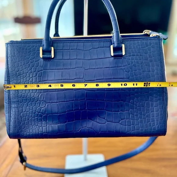 MCM Navy Crocodile Embossed Satchel with Gold Studs - Picture 7 of 11